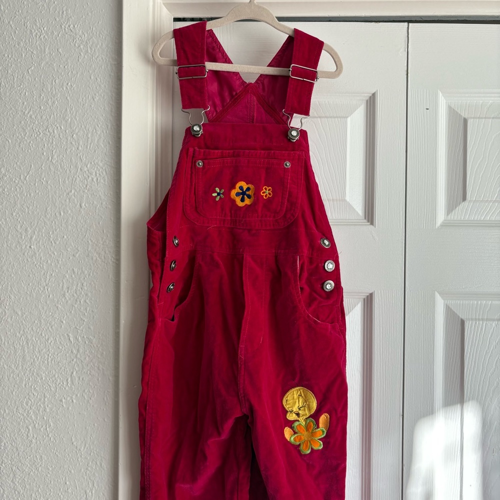 VINTAGE Looney Tunes Red Velvet Tweety Bird Overalls Floral Embroidered 1997